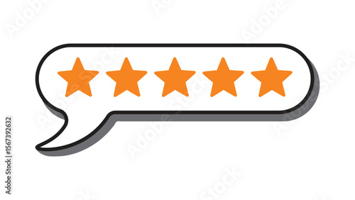 Five star rating in speech bubble. Costumer review, quality feedback, and satisfaction