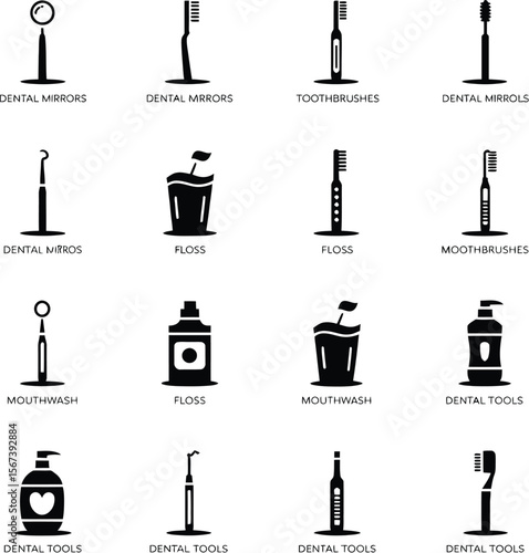 Dental hygiene essentials vector icons set toothbrush floss mouthwash mirror tools for oral care routine