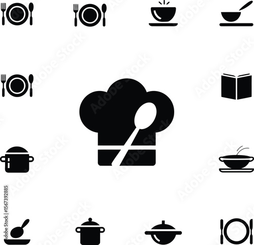 Chef hat with spoon vector illustration, cooking and restaurant icons, food preparation and kitchen tools
