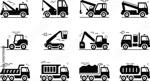 Black and White Icons of Various Trucks and Construction Vehicles