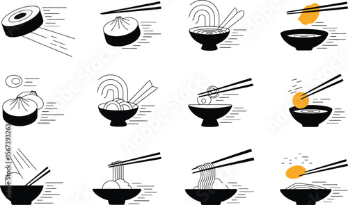 Black and White Asian Food Icons Chopsticks Noodles Dumplings Sushi