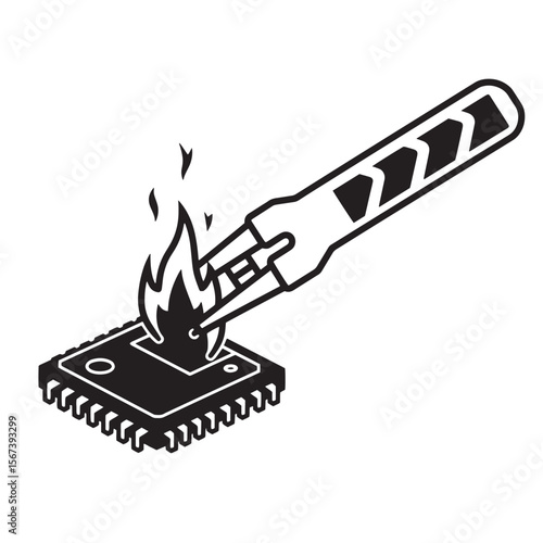 Damaged computer microchip held by tweezer with flames symbolizing malfunction or error