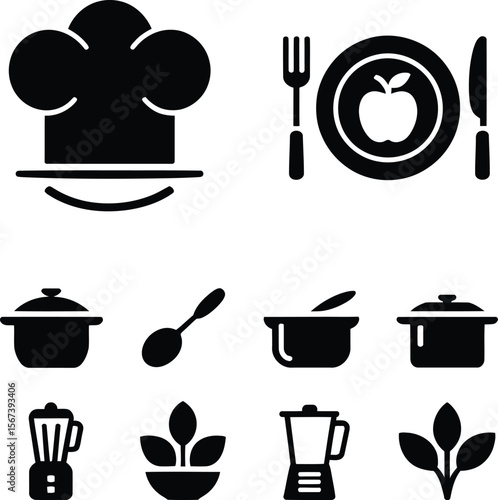 Chef cooking restaurant kitchen food recipe culinary menu eat healthy diet nutrition vector icon set