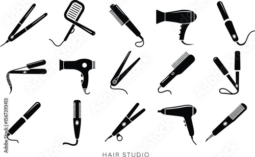 Black and White Hair Styling Tools Icons Set hair straightener