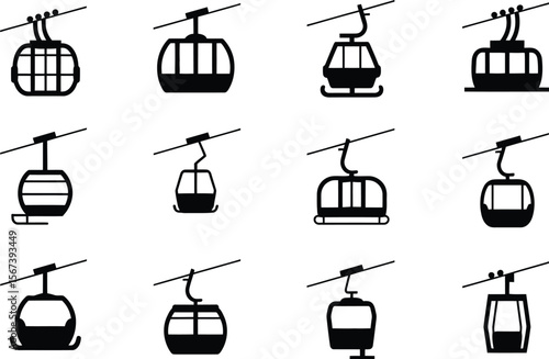 Twelve Black Silhouette Cable Car Icons Set gondola