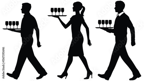 Three silhouettes of waitstaff carrying trays with wine glasses