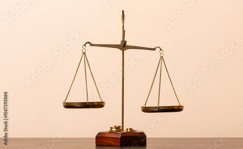 Gilded scales with two hanging bowls on a yellow background