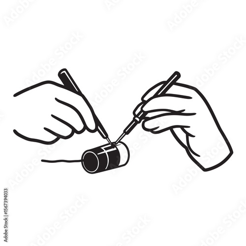 Electronic component soldering depicting two hands with soldering irons conceptual illustration
