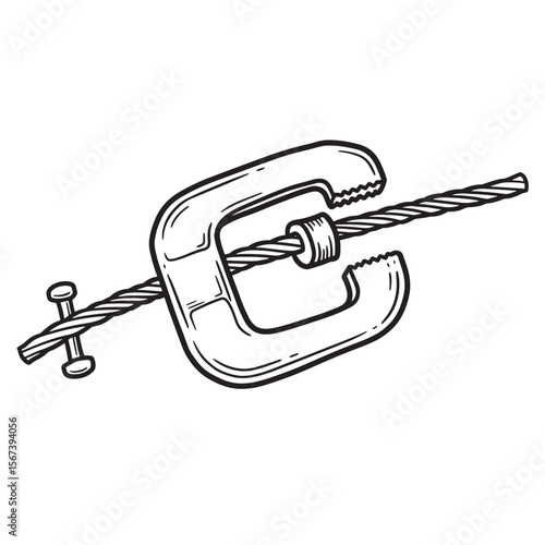 Engineering illustration showing a detailed black and white drawing of a cable clamp fixture