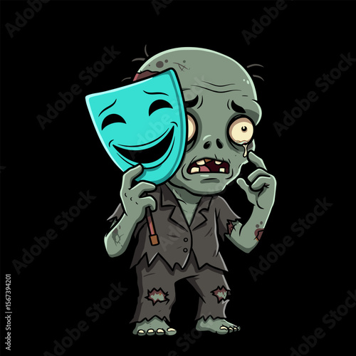 Sad cartoon zombie with green skin and a tearful eye holding a cheerful blue mask, dressed in tattered clothes with visible stitches and emotional contrast.