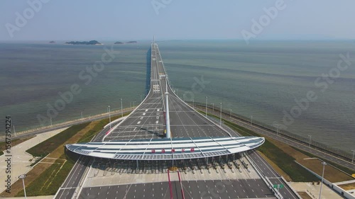 View of Hong KongZhuhaiMacao Bridge boundary crossing facilities with expansive road and ocean backdrop