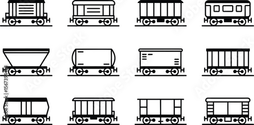 Twelve Black and White Freight Car Icons train car