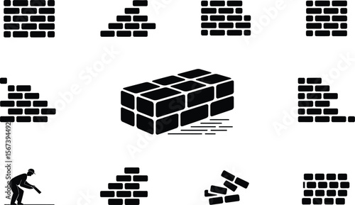 Black Brick Wall Construction Icons Set Worker Silhouette