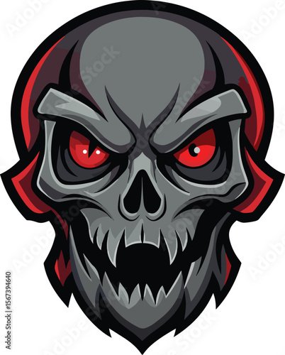 Grim Encounter: A detailed digital illustration of a menacing skull, its hollow eyes emitting an eerie glow, symbolizing mortality and the darker side of life. 