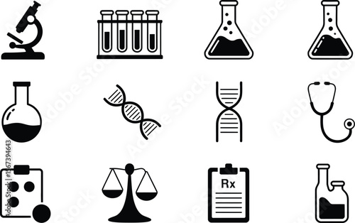 Black Medical Science Icons Set Microscope Test Tubes D N A Stethoscope