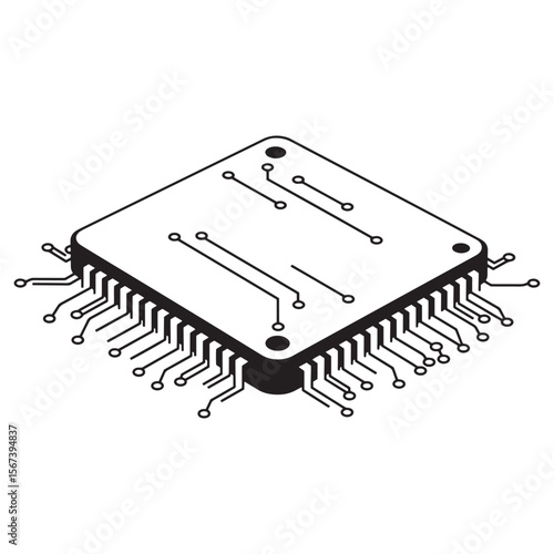 Isometric view of a detailed black and white vector illustration of a cpu chip