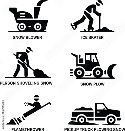 Snow removal equipment vector icons: snow blower, plow, shovel, truck, ice skater, flamethrower set