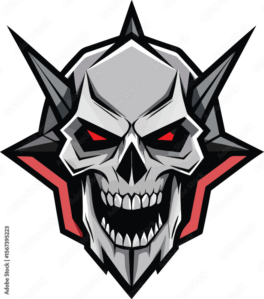 Intimidating Skull Emblem: A stern illustration of a skull adorned with spikes, exuding a fierce and formidable presence, its red eyes staring directly at the viewer, a potent symbol of power. Intimidating Skull Emblem: A stern illustration of a skull adorned with spikes, exuding a fierce and formidable presence, its red eyes staring directly at the viewer, a potent symbol of power.