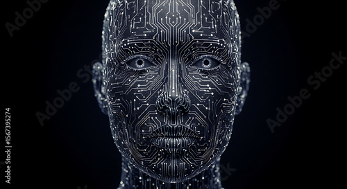 Artificial Intelligence Futuristic Cyborg Head, Digital Human Concept