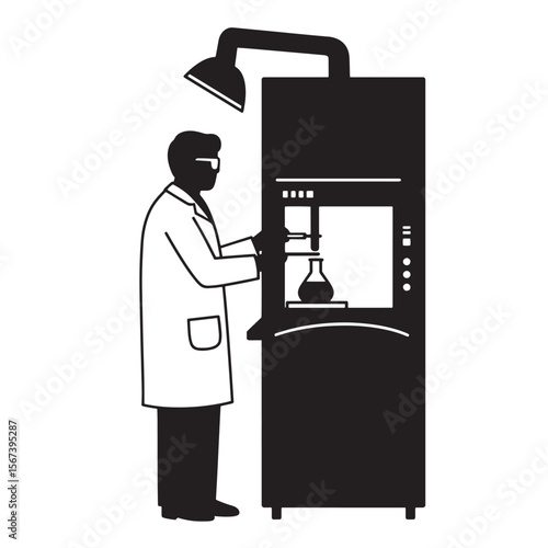 Scientist in lab coat using scientific equipment for chemical experimentation in laboratory setting