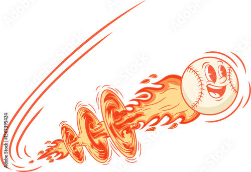 A happy baseball rockets through the air, leaving a fiery trail of energy.