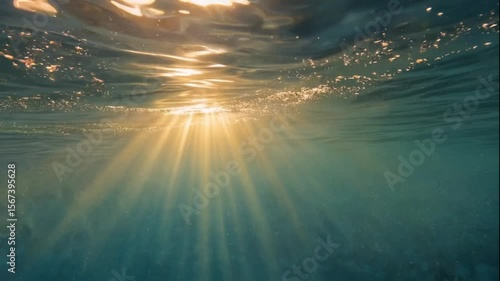 Golden sunlight beams shine through water surface. Underwater view looking up at a warm sunset sun.