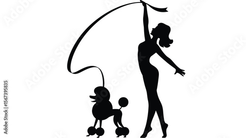 Elegant silhouette of a woman performing with a ribbon beside a poodle