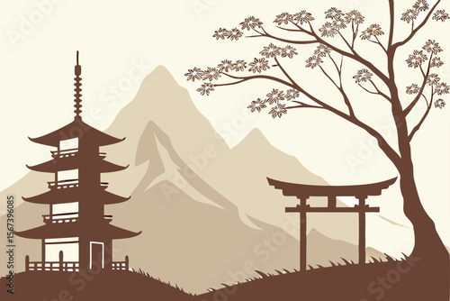 Serene Japanese Landscape with Pagoda and Torii Gate