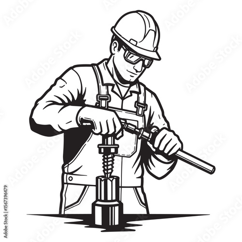 Skilled engineer inspecting machinery with a caliper tool in a black and white vector illustration