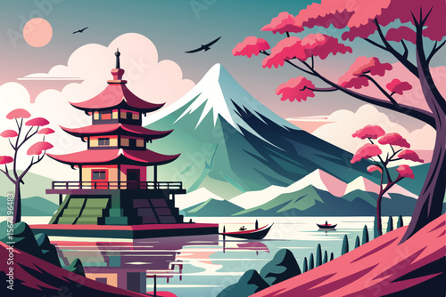 Serene Japanese Pagoda Landscape with Mount Fuji