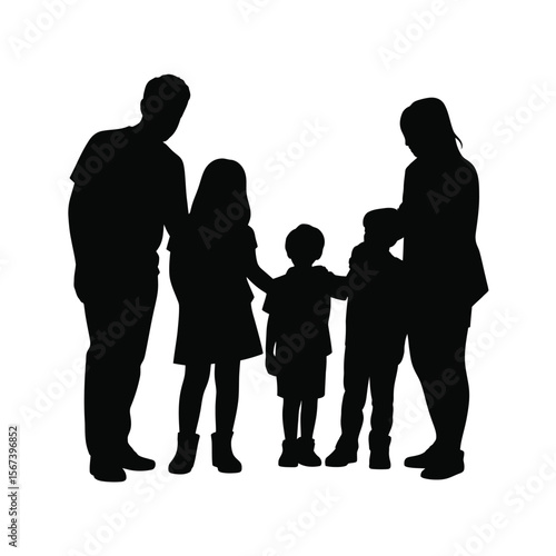 Diverse family silhouette with two parents and three children standing together