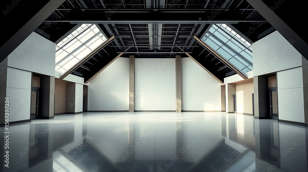 Obraz premium Spacious modern exhibition hall with striking reflections and skylights