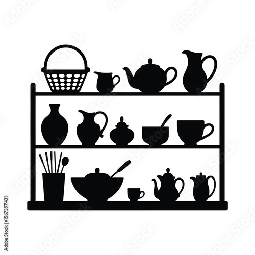 Black silhouette of kitchenware and serving dishes arranged on a three tiered shelf