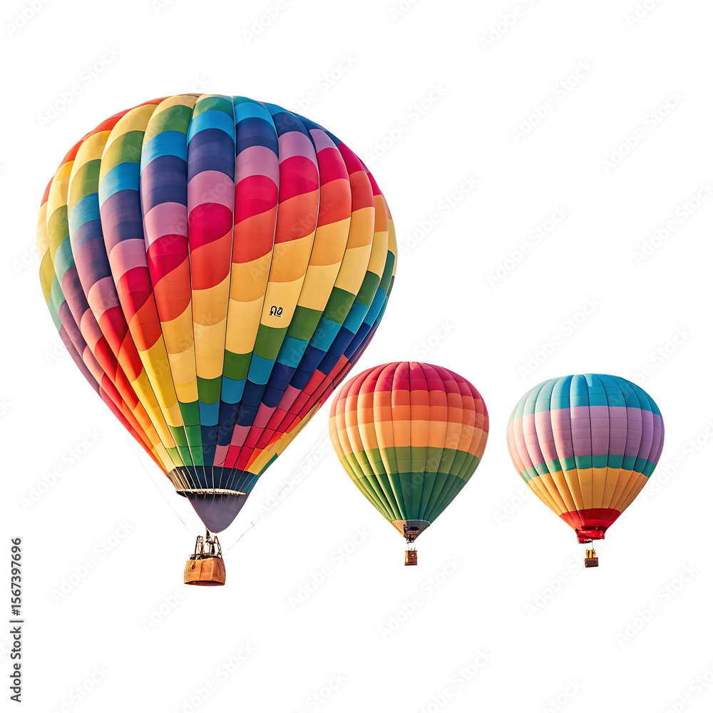 Fototapeta premium Colorful hot air balloons floating against black isolated on a transparent background flight