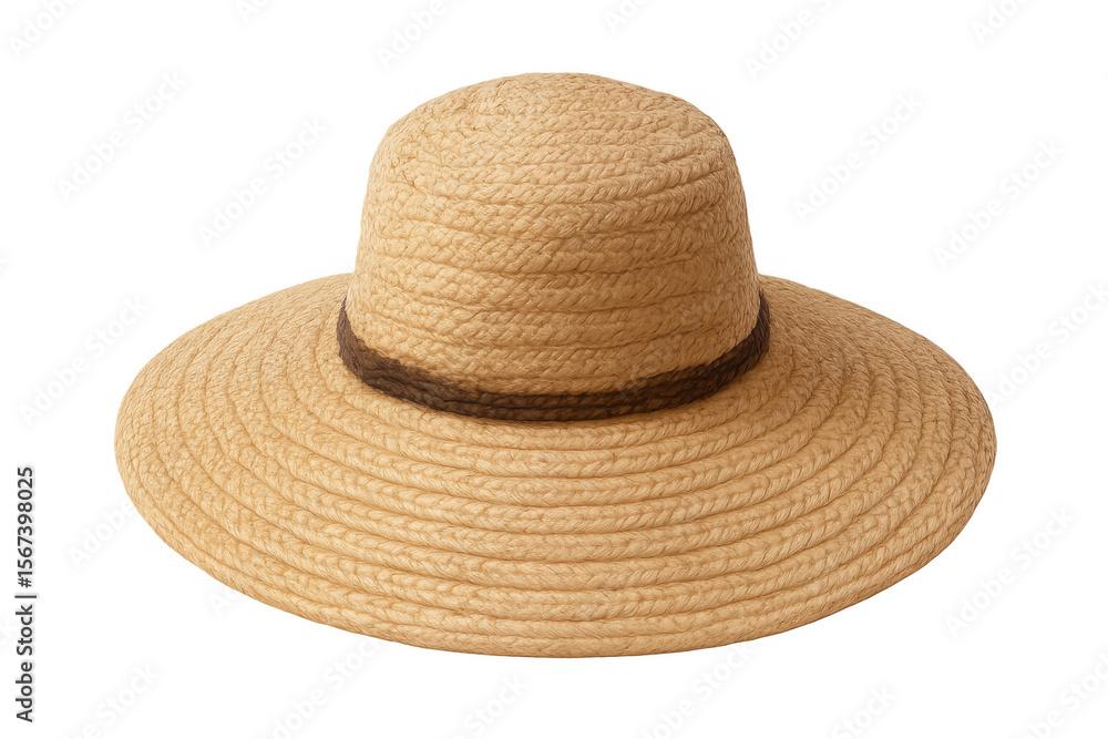 Woven straw sun hat featuring a dark brown ribbon, isolated on a transparent background, perfect for summer and outdoor activities Woven straw sun hat featuring a dark brown ribbon, isolated on a transparent background, perfect for summer and outdoor activities