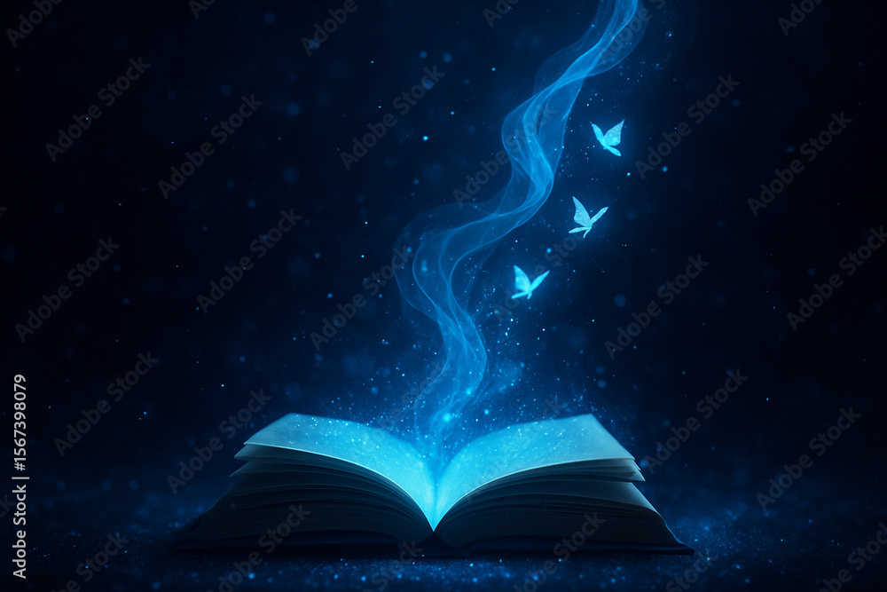Naklejka premium AI generated glowing fantasy book with blue light and butterflies rising from pages surrounded by sparkles in a dark magical atmosphere