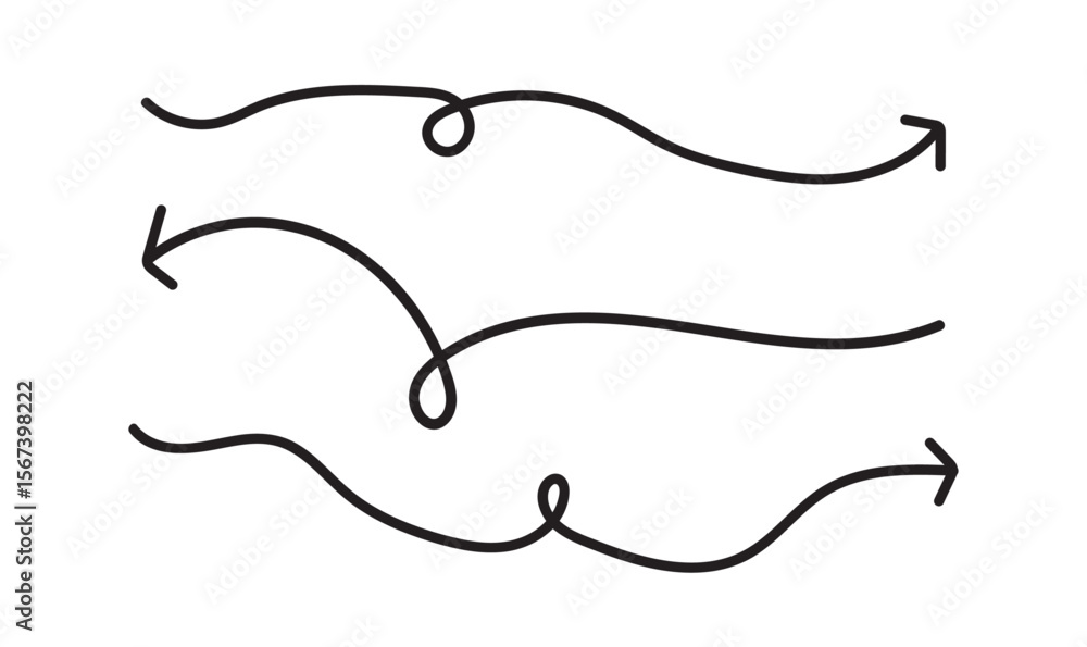 Obraz premium Hand Drawn Curved Arrows with Loops – Doodle Style Vector Direction Signs
