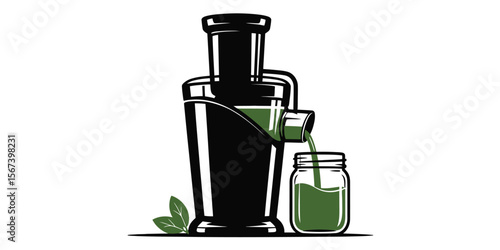 Juicer pouring green juice into a mason jar with leaves on the side