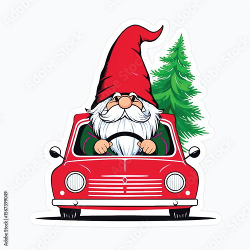 Christmas Gnome Driving Red Car with Christmas Tree – Whimsical Holiday Illustration