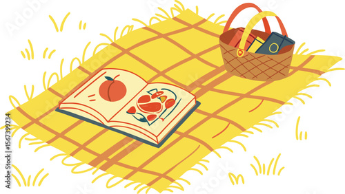 picnic blanket with book and basket on grass