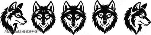 Collection of black wolf head vector illustrations, tribal wild animal logo designs, front and side view predator mascot for branding artwork flat vector illustration