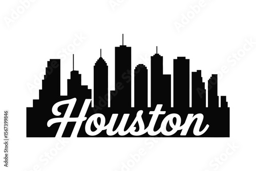 Black silhouette of houston skyline with the city name in white script