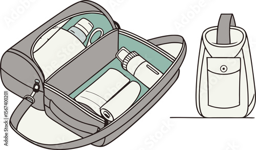 travel toiletry bag with bottle and towel