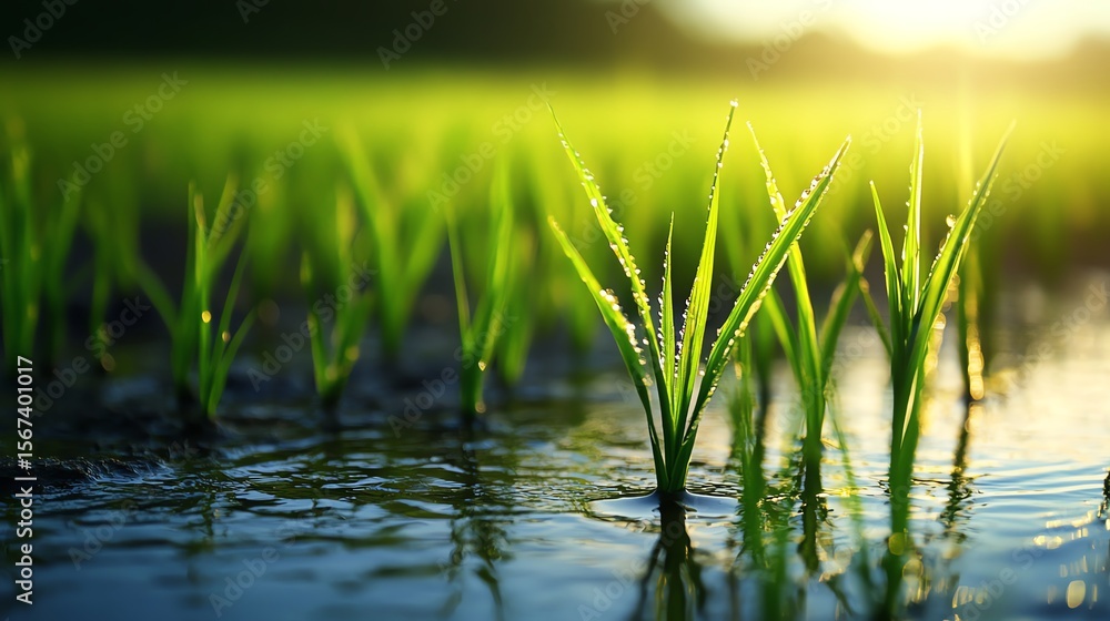 Fototapeta premium Young rice shoots growing in water, closeup, early morning sunlight, peaceful field