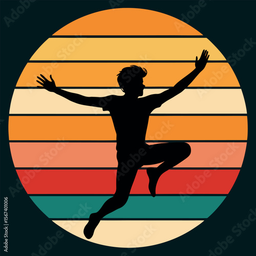 Dynamic silhouette of a person leaping on a vintage retro strip