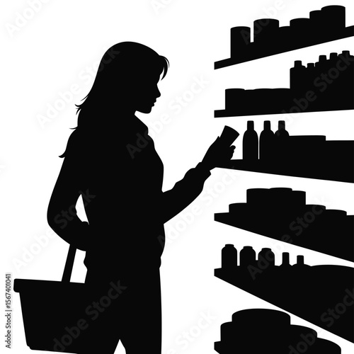 Silhouette of a woman holding a product while shopping at a grocery store aisle