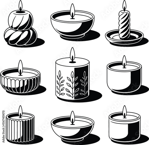 Candle vector set decorative candles for spa aromatherapy meditation and home decor black and white line art