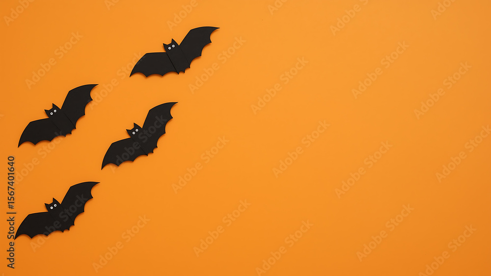 Fototapeta premium Halloween-themed background featuring black paper bats on an orange spooky backdrop. Suitable for festive holiday designs and decorations.
