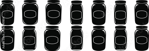 Set of black glass jar silhouette icons with blank labels, mason jar vector collection for packaging, branding, food storage design flat vector illustration