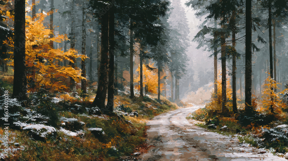 Obraz premium Serene forest path winds through tall trees with autumn foliage and light dusting of snow, creating tranquil scene